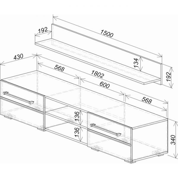 Тумба для ТВ Милан с полкой 1802х430х340 венге/белый глянец