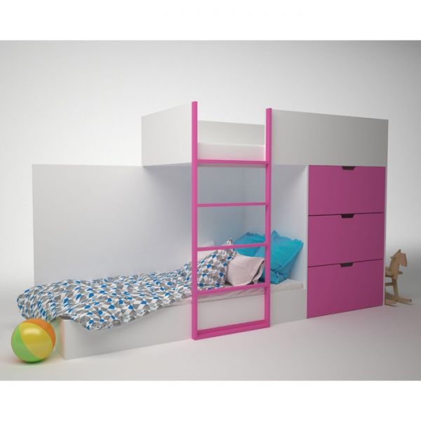 Кровать двухэтажная с комодом ДМ-К2-1-2, 2780 ? 1600 ? 844 мм, корпус белый, фасад фуксия