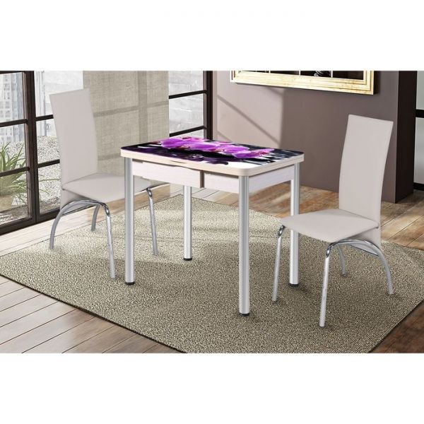 Обеденный стол "Ника", поворотно-раскладной с ящиком, стекло, подстолье беленый дуб, R045