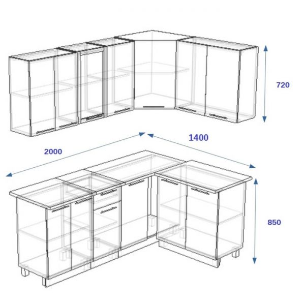 Кухонный гарнитур угловой Волна 14, 200х1400 мм, Ваниль глянец/Капучино