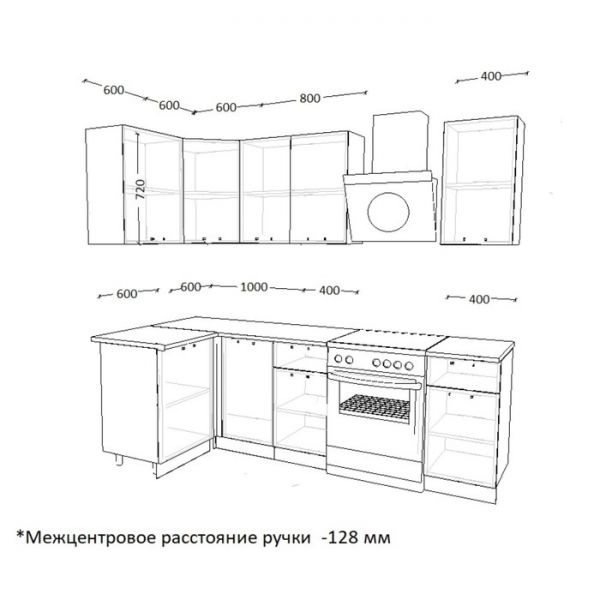 Кухонный гарнитур угловой 15, 1200х1800 мм, Белый глянец/бриллиант черный