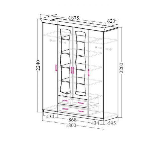 Шкаф 4х дверный «Венеция 2» с 2-мя зеркалами, 1875 ? 620 ? 2240 мм, цвет венге
