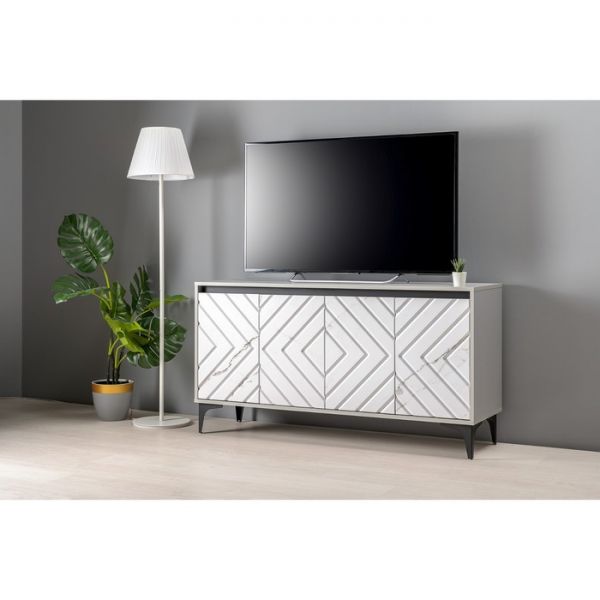 Тумба под ТВ Муар 13.261.02, 1368х400х718, Стальной серый/ Мрамор белый софт