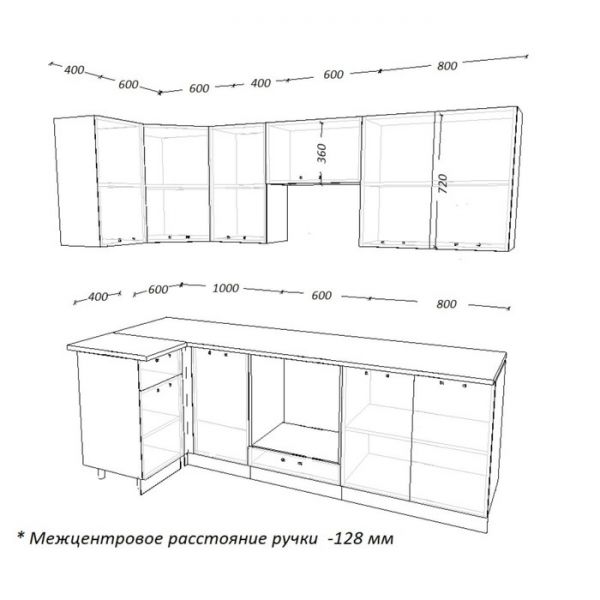 Кухонный гарнитур угловой 8, 1000х2400 мм, Белый глянец/бриллиант черный