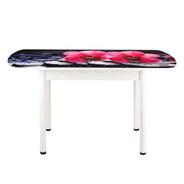 Стол раздвижной с ФП  Орхидея на камне 1100/1500х700х777 стекло/пояс белый/Прям. бел ноги