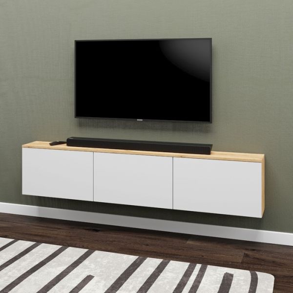 Тумба подвесная под ТВ 3, 1800х380х210, Дуб крафт золотой/Белый