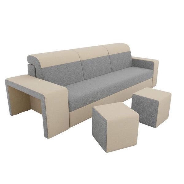 Диван прямой «Модена» с двумя пуфами, механизм еврокнижка, рогожка, цвет серый / бежевый