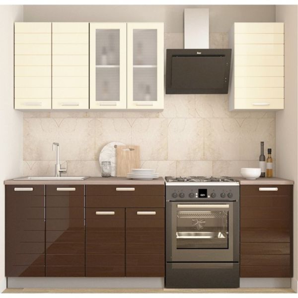 Кухонный гарнитур Виктория 1600х600 белый/крем глянец/шоколад глянец