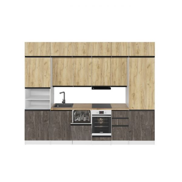 Кухонный гарнитур Сапфир 2 Экстра 3000х600 белый/дуб бунратти/дуб золотой/бетон темный