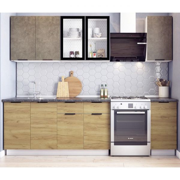 Кухонный гарнитур Стоун 2000х600 белый/камень темно-серый/акация светлая