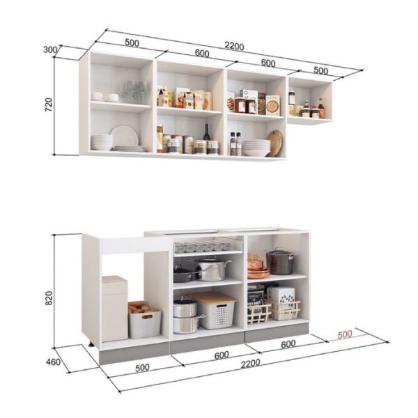 Кухонный гарнитур Виктория 2200х600 белый/белый металлик/графит металлик