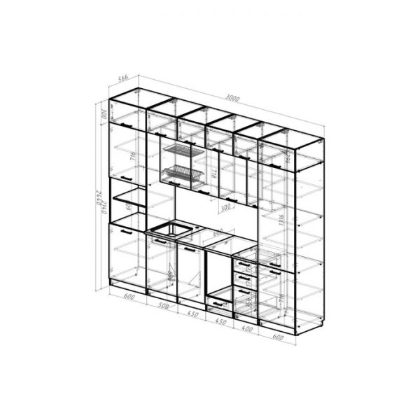 Кухонный гарнитур Сапфир 2 Экстра 3000х600 белый/дуб бунратти/дуб золотой/бетон темный