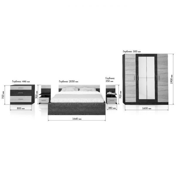 Спальня «ЛЕСИ Уют-1», кровать 160 см, 2 тумбы, комод, шкаф 4 створки, цвет кантербери-сонома