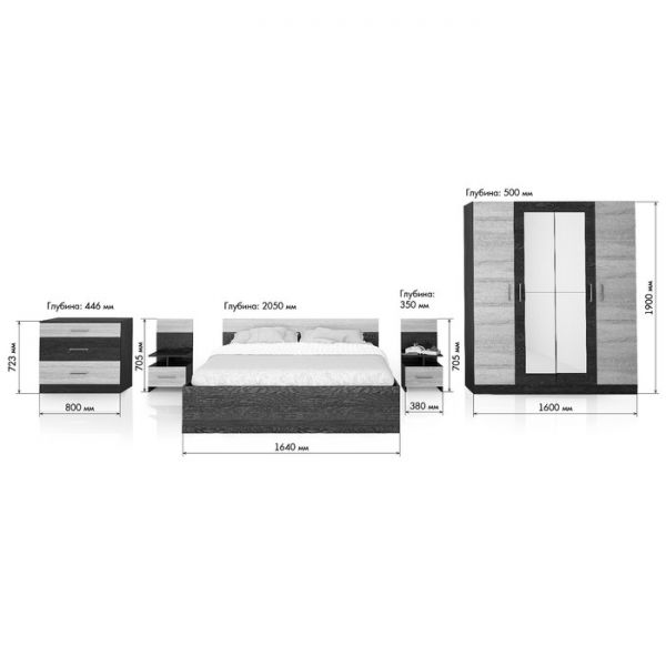 Спальня «ЛЕСИ Уют-1», кровать 160 см, 2 тумбы, комод, шкаф 4 створки, цвет кантербери-сонома