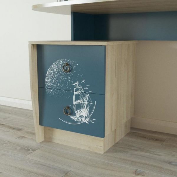 Стол рабочий Бриз 1360х650х1420 Дуб ривьера/Рамух белый/Синий Бриз