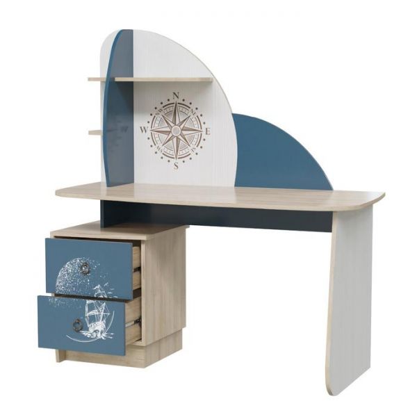 Стол рабочий Бриз 1360х650х1420 Дуб ривьера/Рамух белый/Синий Бриз