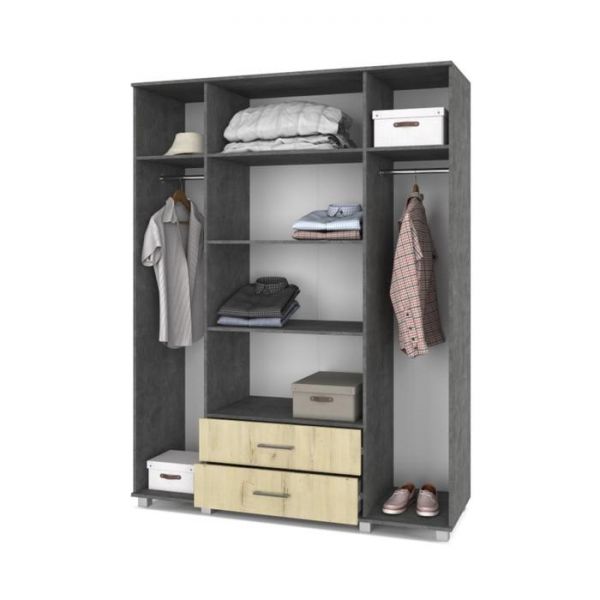 Шкаф Ева Е43 520х1600х2100 четырёхствор с зеркалом и ящиками Камень темный/дуб ирландский