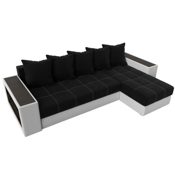 Угловой диван «Дубай», еврокнижка, правый угол, цвет чёрный микровельвет / белая экокожа