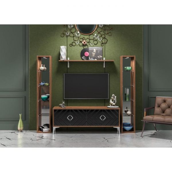 Тумба под ТВ Муар 13.262, 1380х399х534, Орех селект каминный/Черный глянец