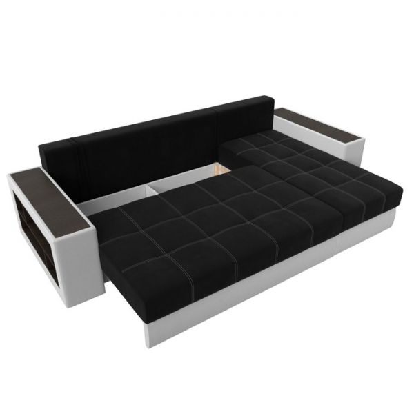 Угловой диван «Дубай», еврокнижка, правый угол, цвет чёрный микровельвет / белая экокожа