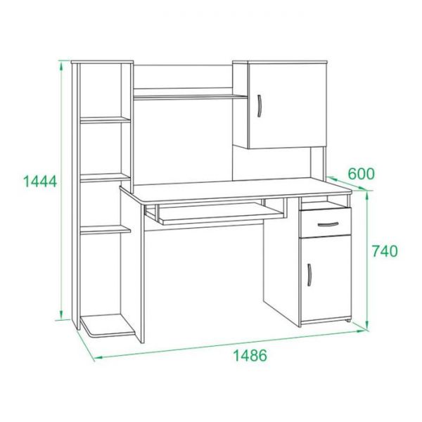 Компьютерный стол, 1486 ? 600 ? 1440 мм, цвет корпус венге / фасад белёный дуб