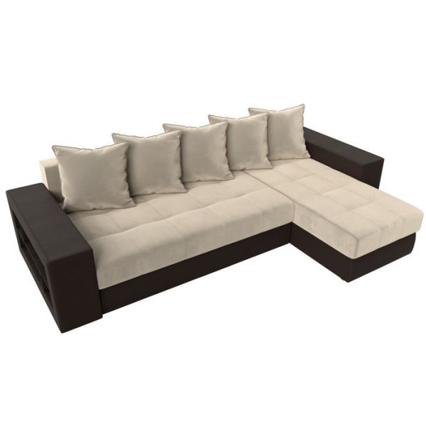 Угловой диван «Дубай», механизм еврокнижка, цвет бежевый микровельвет / коричневая экокожа