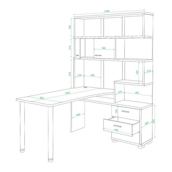 Стол СР-420/150, угол правый, 1500 ? 1300 ? 1990 мм, цвет белый жемчуг