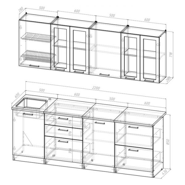 Кухонный гарнитур Лоретта компакт 2200х600 Венге/дуглас темный/Дуб грей