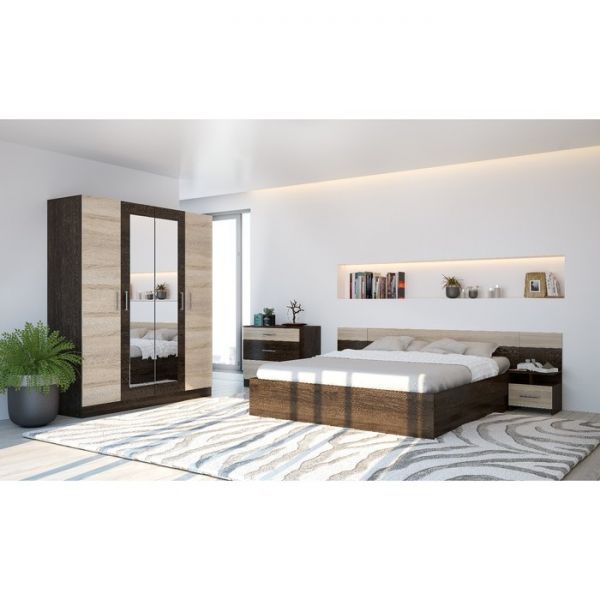 Спальня «ЛЕСИ Уют-1», кровать 160 см, 2 тумбы, комод, шкаф 4 створки, цвет кантербери-сонома