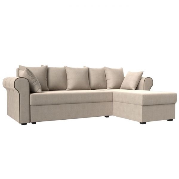 Угловой диван «Рейн», механизм еврокнижка, угол правый, рогожка, бежевый / кант коричневый